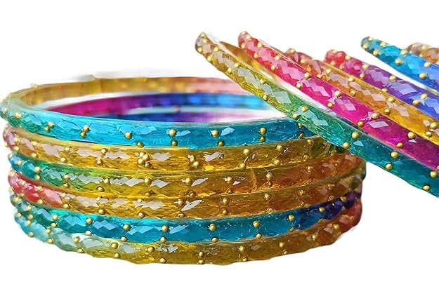 Image of JPS 16 Pcs Trendy Stylish Glass & Kashmiri Ghungroo Bangles Set for Women & Girls | Gold-Plated Traditional Festive Wedding Party Jewellery Chudi Set (12 Glass + 4 Metal)