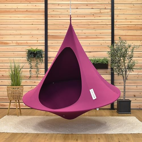 Image of Double Cacoon Hanging Chair for Two - Cozy Indoor /Outdoor Hammock with Polyester Canvas, 440 lb Capacity, Includes 18ft Rope & Carabiner (Mulberry)