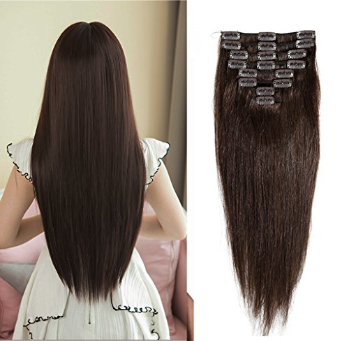 Clip in 100% Remy Human Hair Extensions 8"-24" Grade 7A Quality Full Head 8pcs 18clips Long Soft Silky Straight for Women Fashion 20" / 20 inch 105g , #2 dark brown