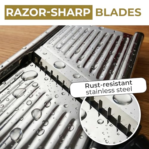 Image of Pronto Kitchen Adjustable Stainless Steel Mandoline Food Slicer - Comes with One Pair FREE Cut-Resistant Gloves || Vegetable Onion Potato Chip French Fry Julienne Slicer | Slice from Paper-Thin to Thick-Cut with Stainless Steel Frame and Rotating Blade, Non-Slip Base, Gloves and Guard Included