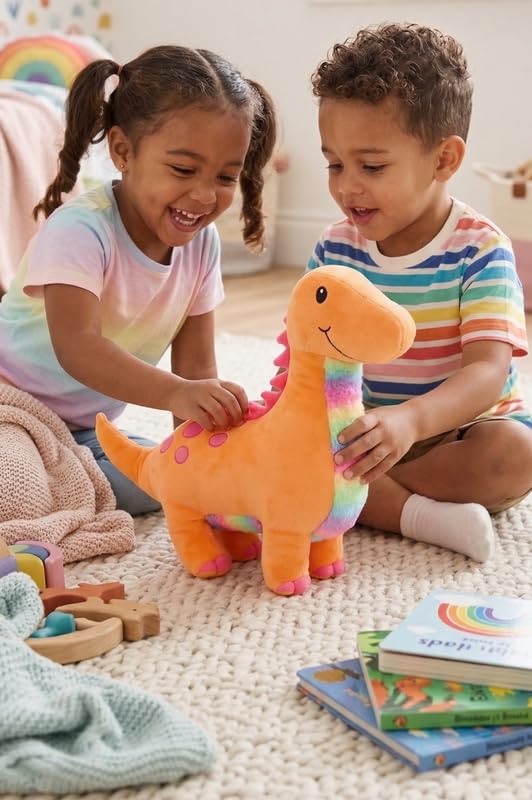 Image of HUG 'n' FEEL SOFT TOYS Orange Dinosaur Soft Toy - Cute Plush Dino Stuffed Animal Toy Figure for Kids, Boys & Girls | Birthday Gift & Room Decor