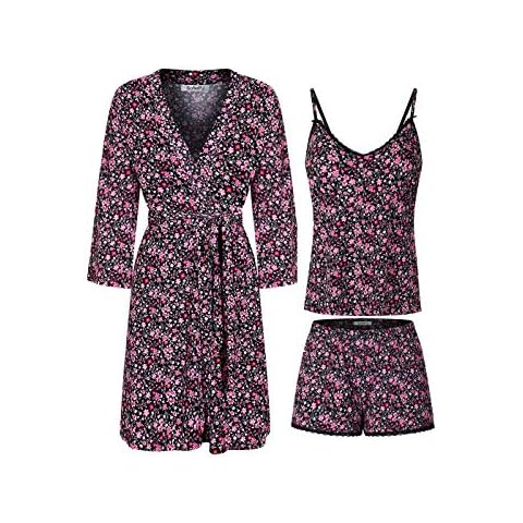 SofiePJ Women's Printed Robe Set with Chemise Shorts 3 Piece Sleep Loungewear Hot Pink Black M Cover