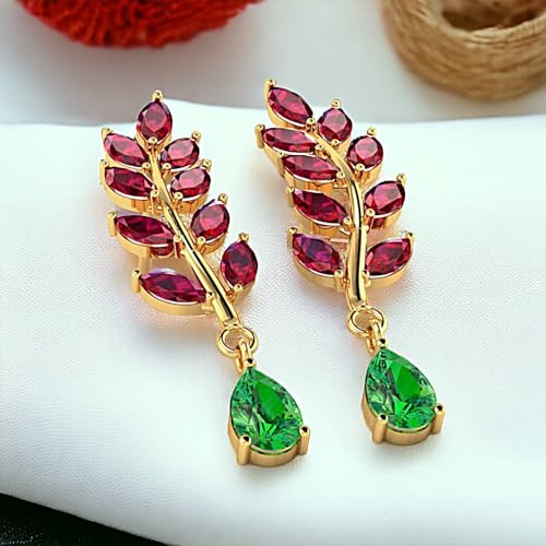 Image of P.C. Chandra Jewellers 14k Gold Earrings With Red Stone Leaf Design With A Stone Drop For Women & Girls - 1.1 Gram