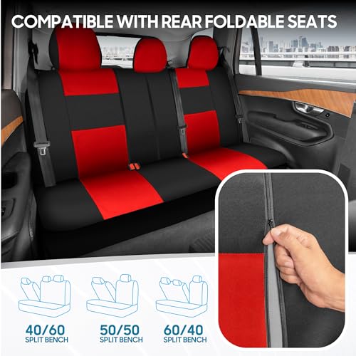 Image of BDK PolyPro Black Car Seat Covers with Red Accents, Full Set, Front and Rear Bench Seat Protectors, Full Coverage for Car Truck Van and SUV