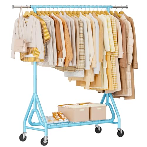Image of Heavy Duty Clothing Rack, Metal Clothes Rack Load 450 LBS, Rolling Coat Racks for Hanging Clothes with Lockable Wheels, Wardrobe Closet Garment Racks for Bedroom, Sky Blue