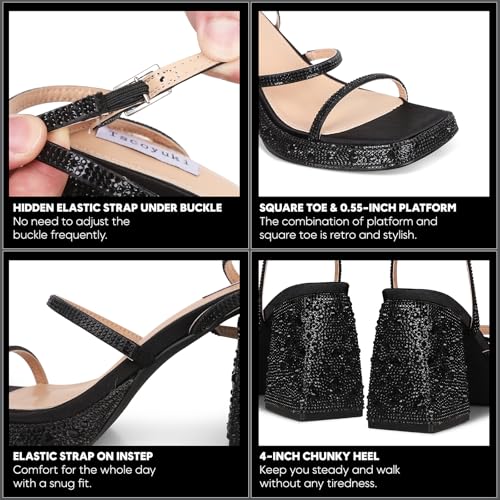 Tscoyuki Platform Heels for Women Sparkly Rhinestone Strappy Heels Sandals Chunky Heel Ankle Strap Square Open Toe Y2K Dress Shoes for Wedding Party Evening Dance3