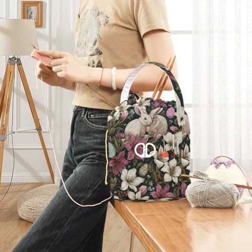 Image of ElliTarr Crochet Bag Yarn Bag with Handle Portable Knitting Project Bag Travel Yarn Storage Organizer Holder Case Black Rabbit Lily Easter Egg