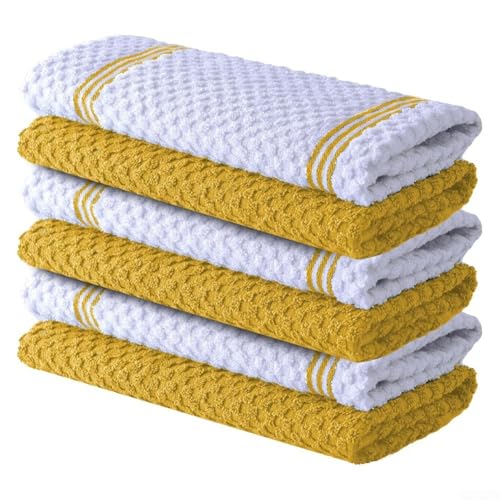 Paños de cocina de algodón ultrasuaves, absorbentes, paños de cocina reutilizables, trapos de limpieza para lavar, 30 x 30 cm, paquete de 6 (rayas amarillas)