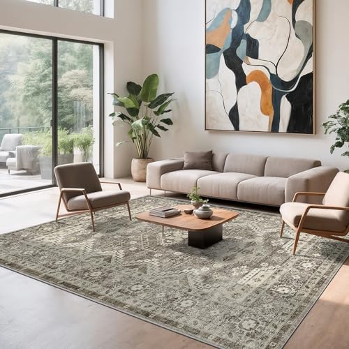 Rugland 8x10 Area Rugs - Stain Resistant Washable Rug, Anti Slip Backing Rugs for Living Room, Vintage Tribal Area Rugs (TPR07-Ivory, 8'x10')