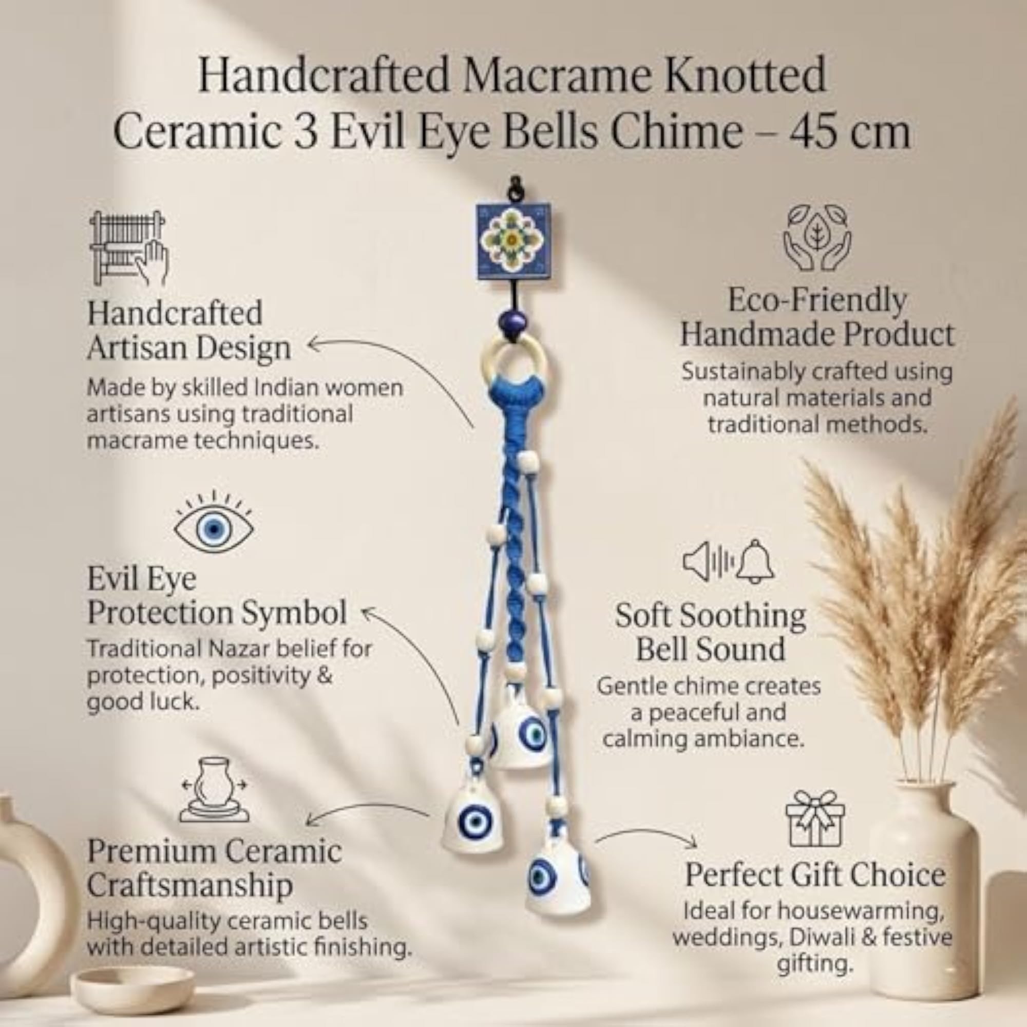 Handcrafted Macrame Evil Eye Bells Chime