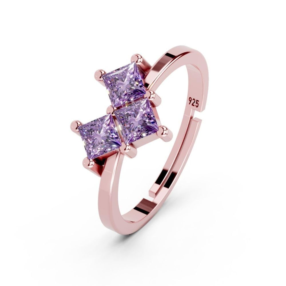 925 Sterling Silver 24K Rose Gold Plated Adjustable Women’s Ring with Purple Princess Cut Cubic Zirconia Stones – Fashionable Jewelry-image-19