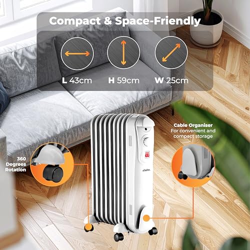 Schallen Portable Electric Slim Oil Filled Radiator Heater for Home and Office Use with Adjustable Temperature Thermostat, 3 Heat Settings & Safety Cut Off (White, 2000W | 9 Fin) - Image 4