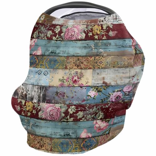 Nursing Cover for Breastfeeding Scarf, Classical Wood Grain Splicing Flowers Vintage Baby Car Covers Super Soft Multi Use for Canopy Shopping Cart Cover Blanket Stroller Cover