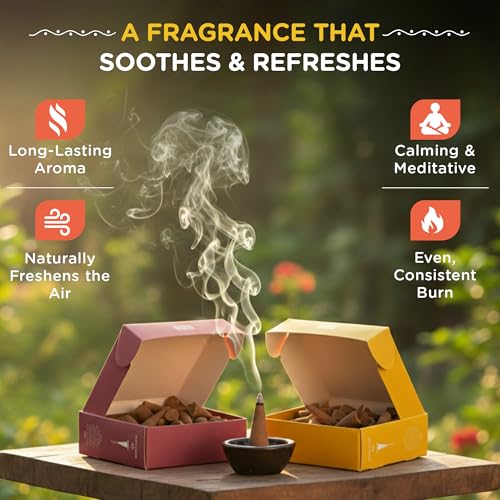 Image of HelpUsGreen Natural Dhoop Cones for Pooja, Mediation, Relaxation - Charcoal-Free Incense Cones with Holder - Lasting Aroma Upcycled Temple Flowers - 2-Pck, 80 Cones, Citronella & Rajni