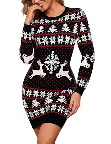 Litherday Weihnachtskleid Damen Strickkleid Winter Langarm Rundhals Sexy Pulloverkleid mit Elch Schneeflocken Weihnachtsoutfit Schwarz L