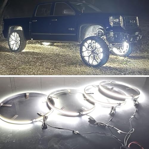 Image of 4PCS 15.5 inch Ultra-Bright 3600 LEDs Triple Row Pure White Wheel Lights for Truck Car,APP & RF Remote Control Wheel Weel Ring Rim Lighting kit with Strobe Blink Modes,Waterproof IP68,12V