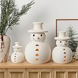 Christmas Decorations - Handmade Terracotta Snowman Figurines - 1 Pack White Clay Winter Decor Holiday Rustic Unique Decor for Home Table Room Farmhouse Indoor Outdoor-ONLY Size S