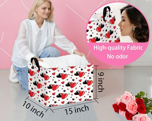 Image of Valentines Day Basket for Kids Heart Shaped Empty Storage Bins for Gifts with Handles Room Decor (Red Black Double Love)