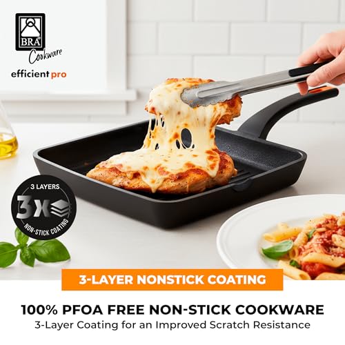 Image of BRA COOKWARE Efficient Pro Nonstick Grill Pan | 11x11 Inch Aluminum Ribbed Skillet | 3-Layer Scratch Resistant Coating Frypan | PFOA Free | All Cooktops Compatible Grilling Pan | HeatResistant Handle