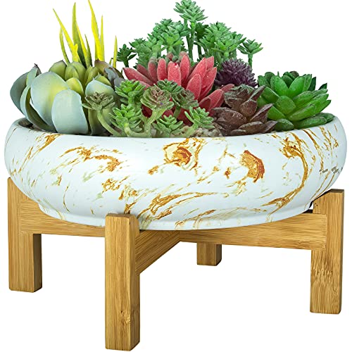 ARTKETTY Großer Sukkulenten-Pflanzgefäß, 25,4 cm Keramik-Sukkulententopf mit Drainage, Marmor-Bonsai-Topf mit Ständer, Blumenpflanzgefäß, Schüssel für Indoor/Outdoor, Sukkulenten, Kaktus