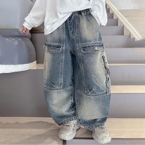 Boys Jeans Baggy Vintage Straight Leg Denim Cargo Pants with Pockets Elastic High Waist Hip Hop Pant 4-14 Years2