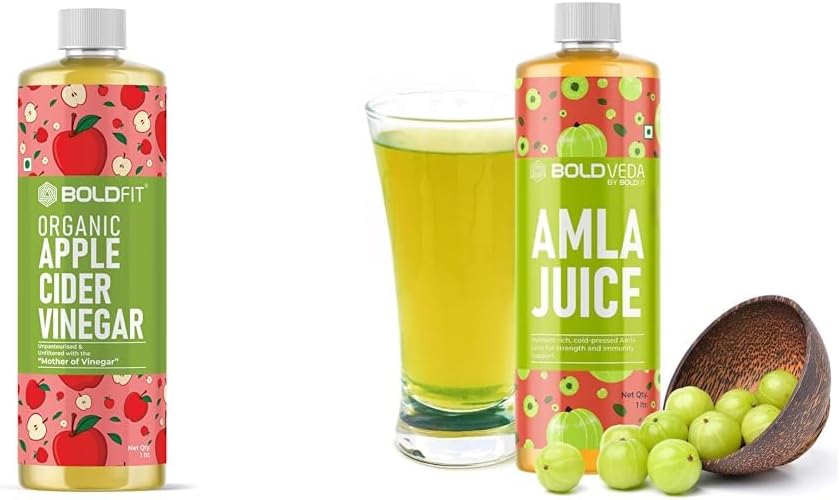 Boldfit Organic Apple Cider Vinegar -ACV Apple Cider Vinegar-1 Litre & Boldfit BOLDVEDA Pure Natural Juice Rich Source of Vitamin C and Antioxidants for Immunity Boosting-1 Litre (Amla juice)