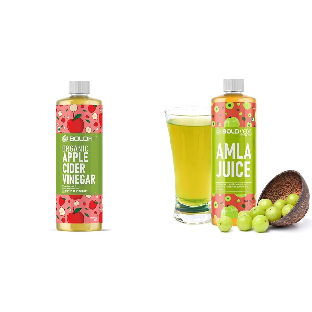 Boldfit Organic Apple Cider Vinegar -ACV Apple Cider Vinegar-1 Litre & Boldfit BOLDVEDA Pure Natural Juice Rich Source of Vitamin C and Antioxidants for Immunity Boosting-1 Litre (Amla juice)