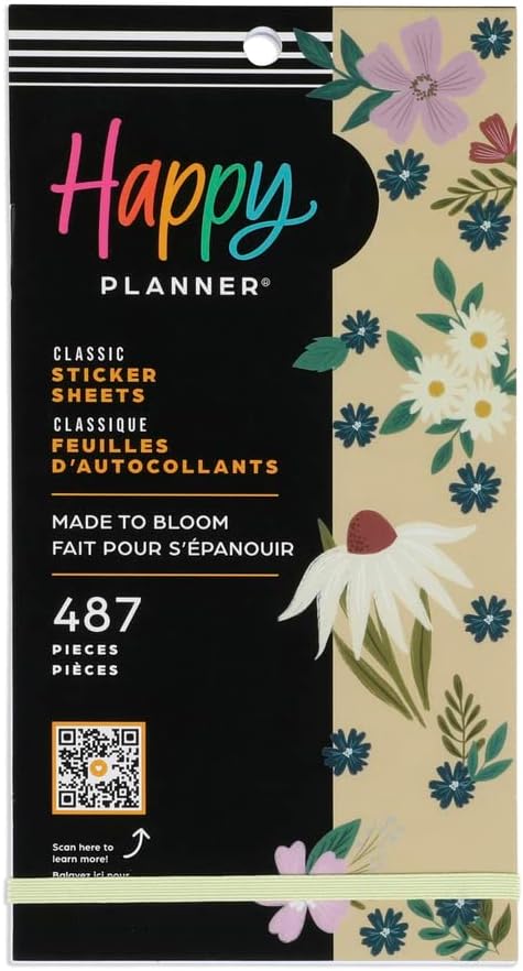 Happy Planner Sticker Pack for Calendars, Journals, and Diary Planners, Multicoloured Scrapbook Accessories, Made to Bloom Theme, Classic Size, 30 Sheets, 487 Total Stickers