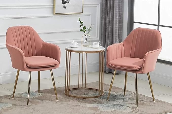 Image of Pink Velvet Chair for Home | Modern Accent Armchair in Soft Velvet Fabric with Golden Legs | Set of 2 Premium Accent Chair for Living Room Bedroom Restaurent | Pink, 2 pc (Pink)