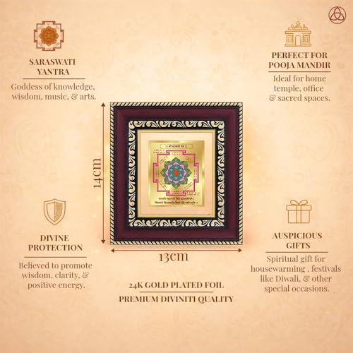 Image of DIVINITI Siddh Energised Saraswati Yantra | 24k Gold Plated Foil Wisdom Blessings Vastu Frame for Home, Office & Puja Room | Spiritual Yantra for Knowledge, Wisdom & Success (14 X 13 CM)