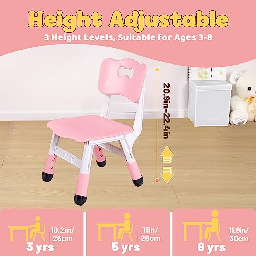 Image of FUNLIO Adjustable Kids Chair (2pcs), 3 Level Height Adjustable Toddler Chair for Ages 3-8, Sturdy Child Chair with Maximum Bearing 220lbs, for Classrooms /Daycares /Homes, CPC & CE Approved - Pink