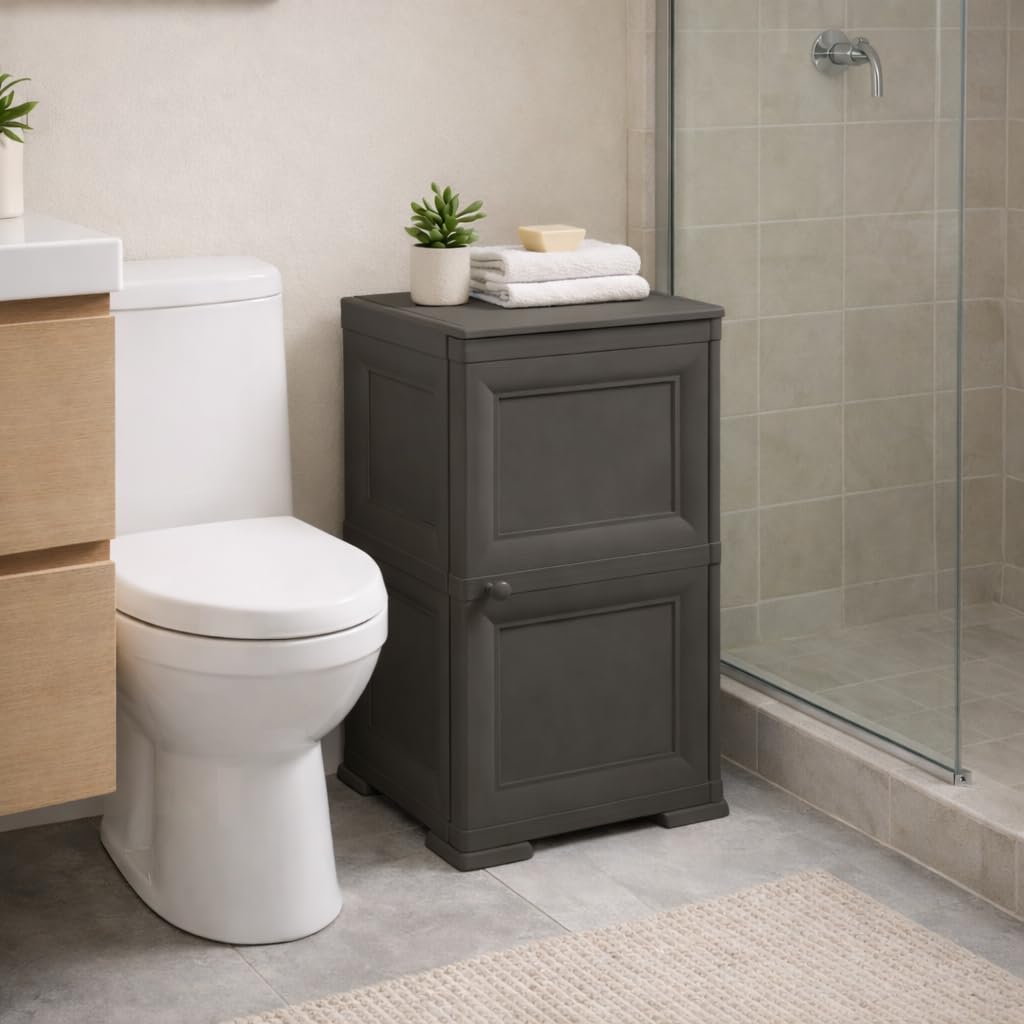 Mobile Bagno Salvaspazio 2 Ante in Plastica Wengé 40x43x85,5 cm – Armadietto Contenitore con Ripiano Interno per Asciugamani, Carta Igienica e Organizzazione Bagno (Taupe Scuro)