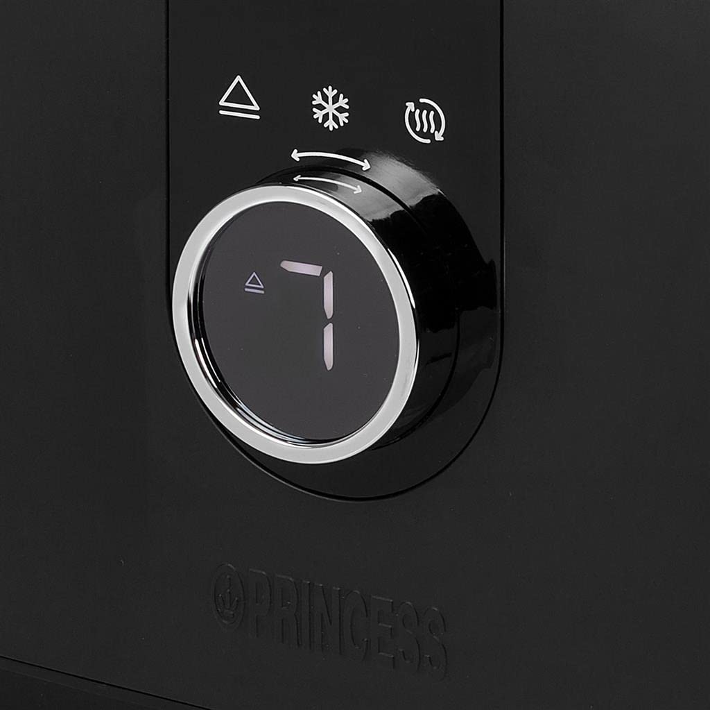 Princess Tostadora 2 Ranuras con Soporte para Panecillos, 7 Niveles de Tostado, Función Descongelar y Recalentar, Botón Cancelar, Pantalla LED, 920 W, Negra, 142360
