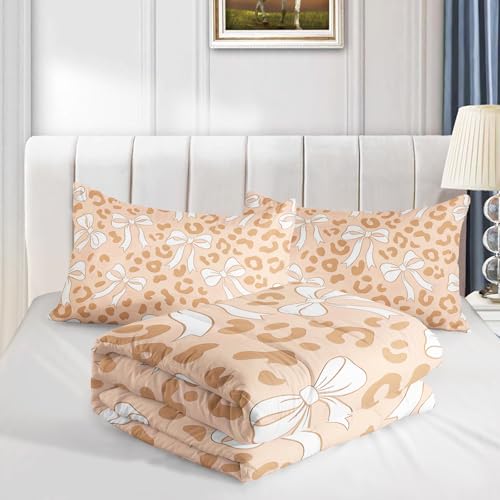 Image of AILONEN Nude Leopard Comforter Queen 3 Piece Coquette Bowknot Bedding Ultra Soft Microfiber Quilted Duvet Alternative Master Bedroom Decor Vibrant Beige Blanket 2 Cases