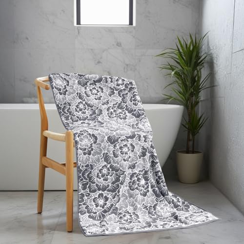 Image of MYTRIDENT Towels for Bath, Floral Collection, 100% Cotton Towel, 1 Pc Bath Towel (75 cm x 150 cm) - Grey