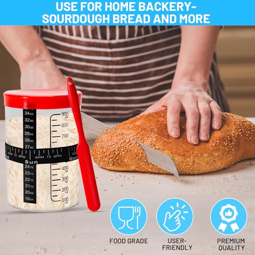 Premium Sourdough Starter Jar Glass - 34 oz Sour Dough Starter Jars, with Spatula, Wide Mouth Jar Cover, Thermometer, Date Marked Feeding Band, sourdough jar for Baker
