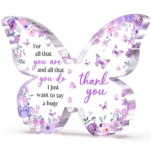 Glydein Thank You Gifts for Women, Appreciation Gifts for Employee Teacher Coworker Nurse Friend, 5x3.8x0.5 Inch Butterfly Acrylic Plaque Decor, Graduation Wedding Thank You Grateful Gift Bulk - Purple