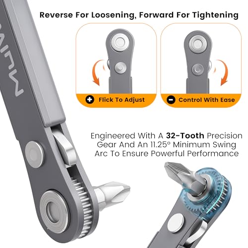 Image of MULWARK 20pc 1 /4 Ultra Low Profile Mini Ratchet Wrench Close Quarters Screwdriver Set with High Torque - Right Angle EDC Tool with 90 Degree Mini Offset Reversible Drive Handle & Multi Hex Bits Set