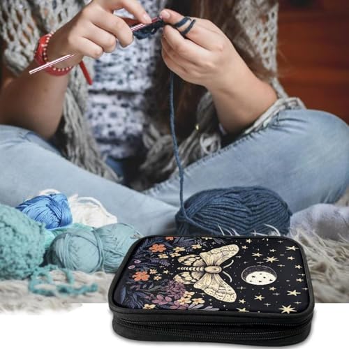 Image of Butterfly Crochet Hook Case Portable Floral Knitting Needle Case with Web Pockets Crochet Storage Organizer for Travel Women Gifts