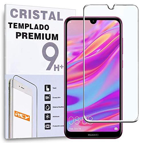REY Protector de Pantalla 3D para Huawei Y7 Pro 2019 - Y7 Prime 2019 - Enjoy 9, Blanco, Protección Completa, 3D / 4D / 5D
