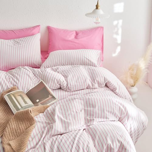 Image of Wake In Cloud - Striped Cotton Duvet Cover Set, Ticking Stripe Vertical Pinstripe Farmhouse, 100% Washed Cotton Textured Bedding Set, 3 Pieces, Pink White, Full Size