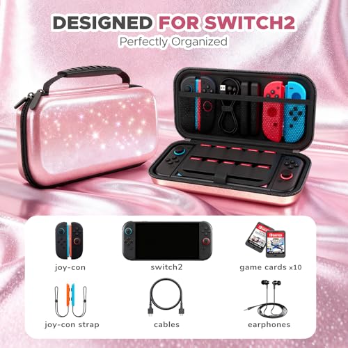 Image of homicozy Carrying Case for Nintendo Switch 2 (2025),Glitter Hard Shell Protective Travel Case with 10 Game Cartridges Storage & Accessories Holders,Portable Shockproof Pouch for Console,Pink
