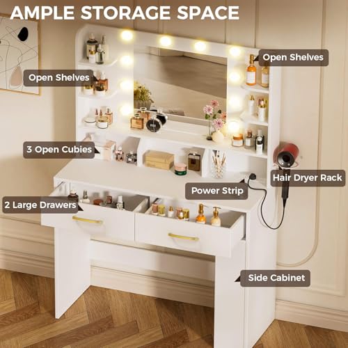 COMHOMA Vanity Desk with Lighted Mirror and Power Outlet, RGB LED Lights Makeup Vanity Set for Girls, Large Storage Capacity Dressing Table for Bedroom, 3 Lighting Modes Adjustable Brightness, White