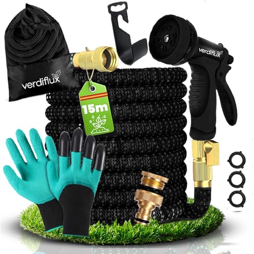 Verdiflux Manguera Jardin 15 metros Premium con 10 Funciones de Riego, Manguera Extensible sin Fugas, de Alta Resistencia y Muy Ligera con Conectores 3/4' y 1/2' y 2 Guantes Incluidos, Color Negro
