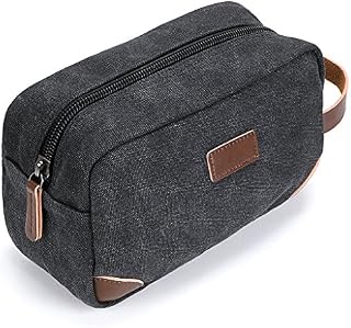 IGNPION Travel Cosmetic Wash Bag Unisex Toiletry Bag Vintage PU Canvas Compact Travel Make up Shaving Dopp Kit with Handle (Black)