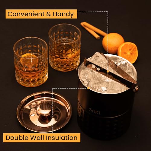 Image of SAKI Square Hammer Ice Bucket and Whiskey Glass Set | Includes 2 Square Hammer Whiskey Glasses | Stainless Steel Ice Bucket |1 Jigger | 1 Tong | Perfect for Home Parties, Gifting Solution