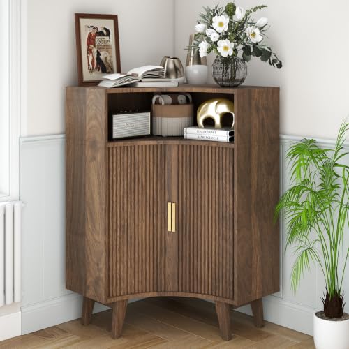 Image of Fluted Corner Cabinet with Open Storage, Modern Floor Cabinets with Sliding Doors and 2-Tier Shelves, Freestanding Narrow Organizer for Small Space,Living Room, Dining Room,Walnut