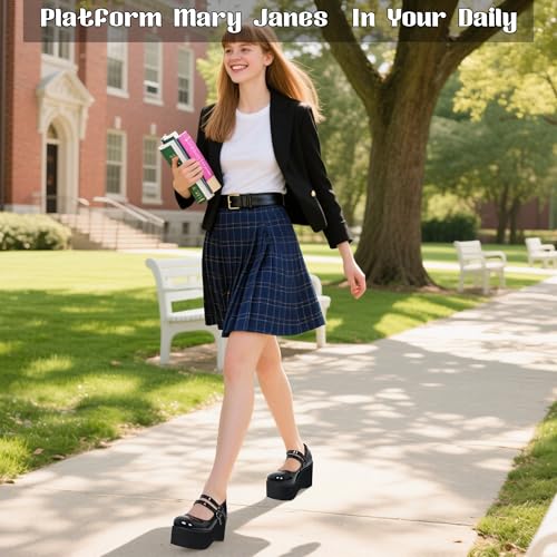 Gothniero Womens Black Platform Mary Janes Goth Lolita Chunky Heel Pumps Gothic Cute Dress Shoes for Women with Ankle Strap Size5.5-102