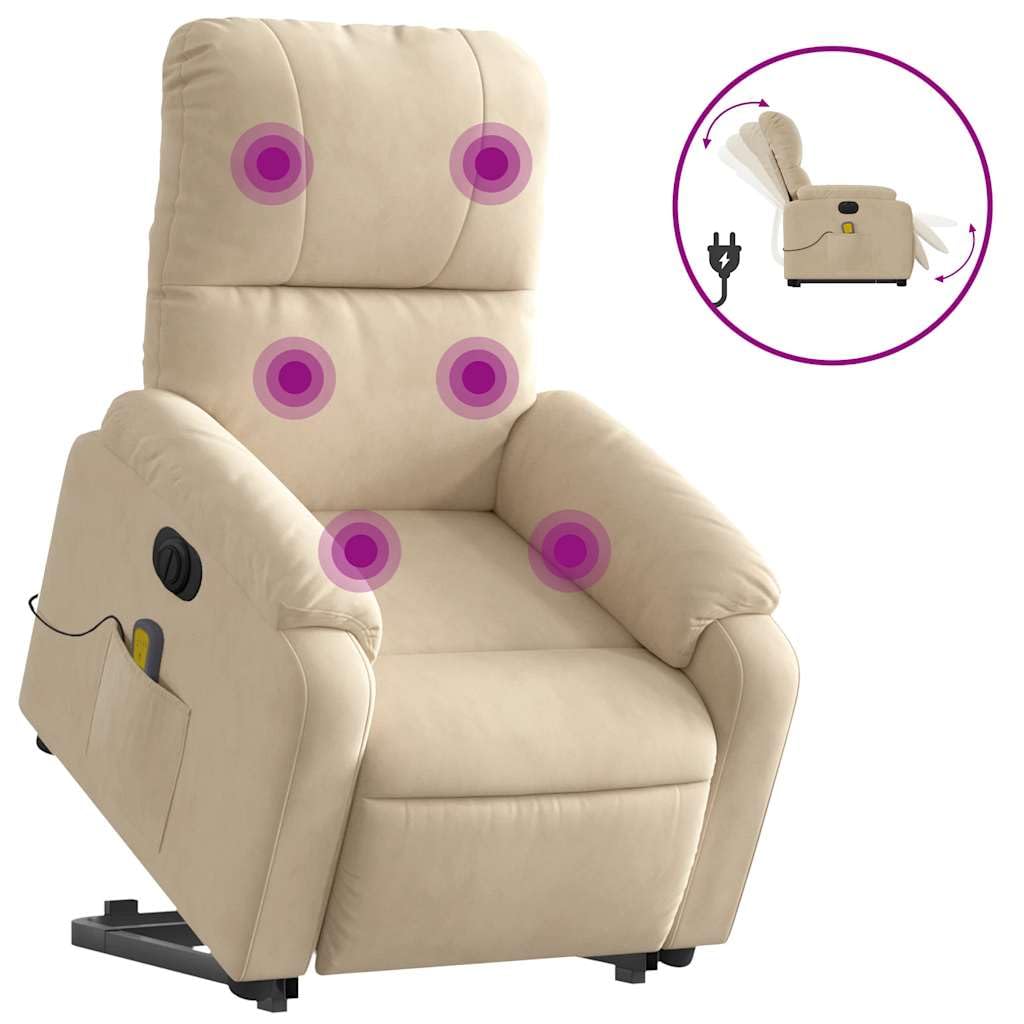 Sillón elevador eléctrico reclinable con masaje de 6 puntos y revestimiento de microfibra color crema, función de elevación e inclinación hasta 135 grados, estructura