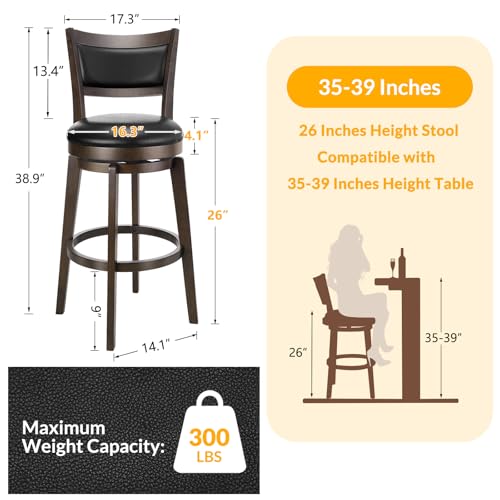 PrimeZone Swivel Bar Stools Set of 4, 26 Inch Counter Height Barstools, Black Faux Leather Bar Stool with High Backrest & Solid Wood Legs & Wrap-around Footrest, Counter Stools for Kitchen Island, Pub
